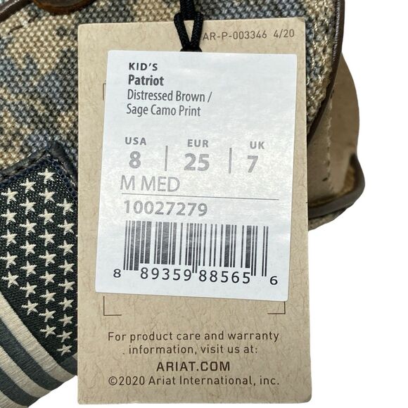 Ariat Kids 8 Western Cowboy Boots 10027279 Brown Camo Flag Leather Square Toe - Picture 5 of 15